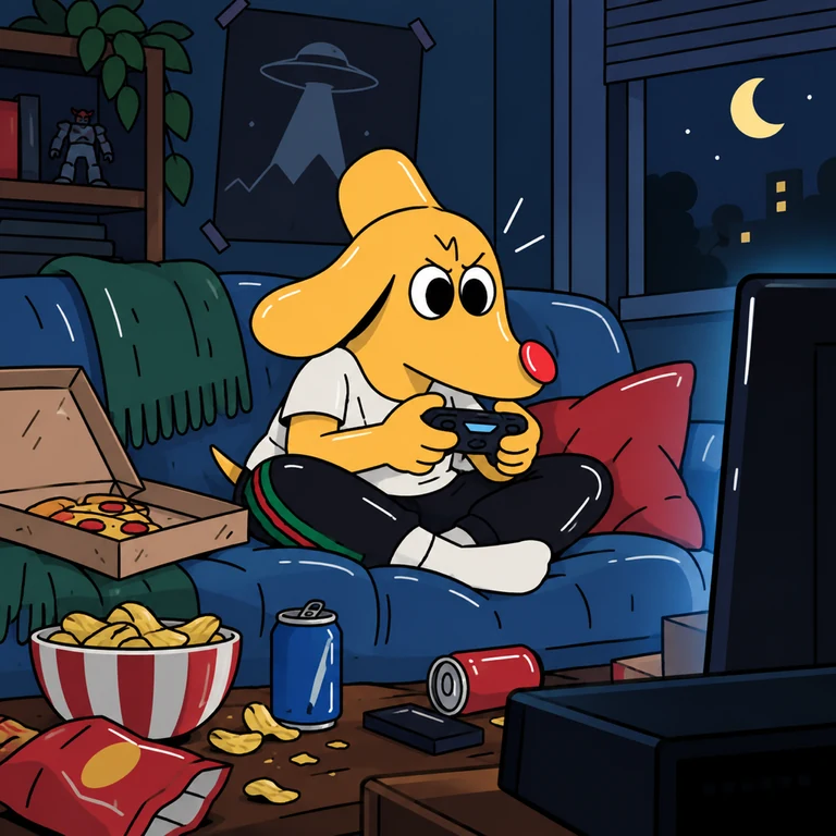 DOK enjoying a gaming night with pizza and a controller